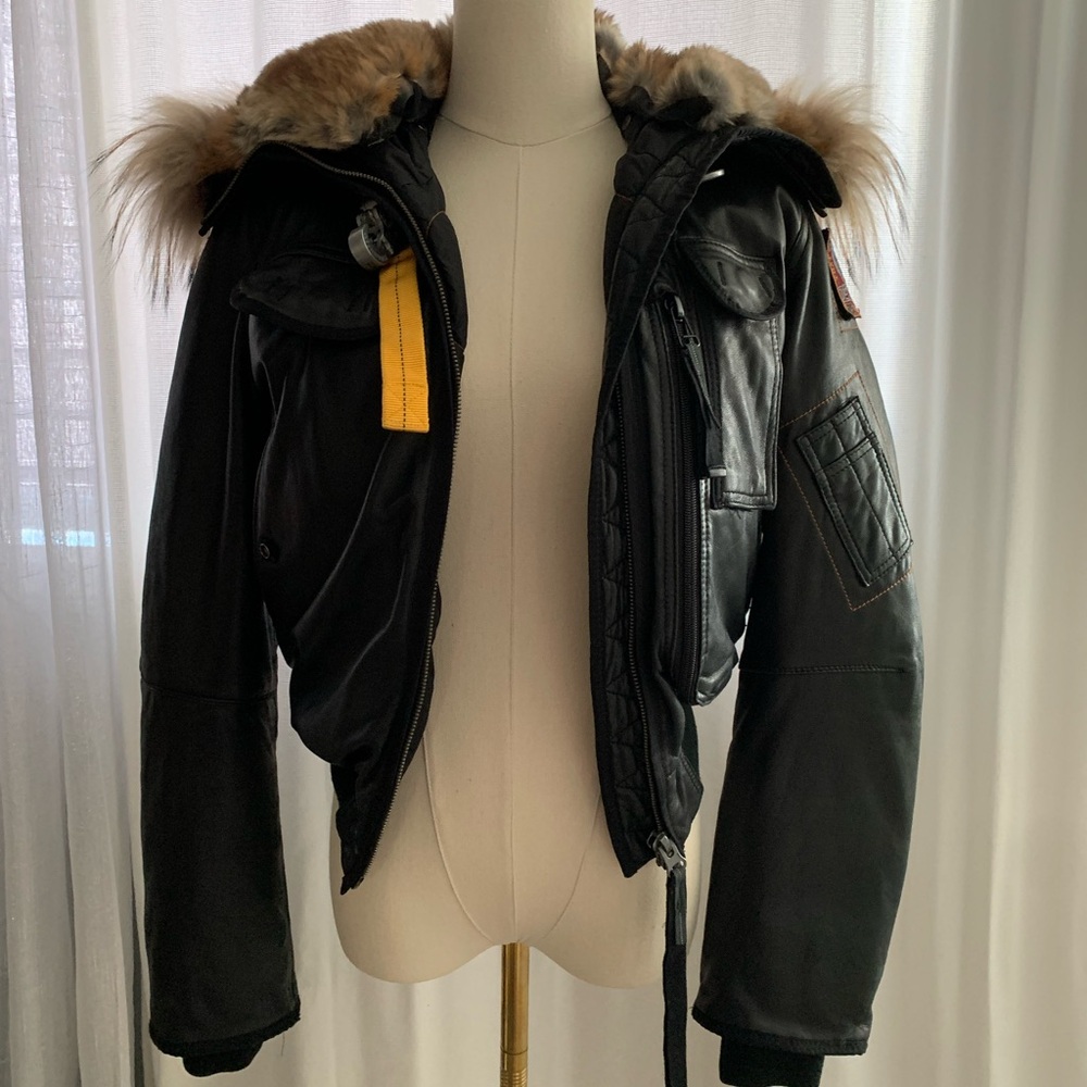 AUTHENTIC PJS Parajumpers Black Leather Bomber Jacket with Fur Trim EUC